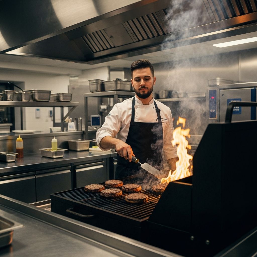 Chef preparando hamburguesas